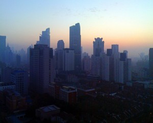 sunrise in foggy Shanghai